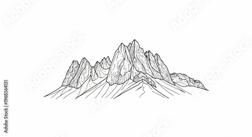 Jagged mountain peaks rise majestically against a stark white background