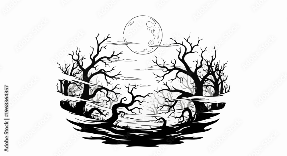 Fototapeta premium Eerie forest scene under a full moon with silhouetted trees