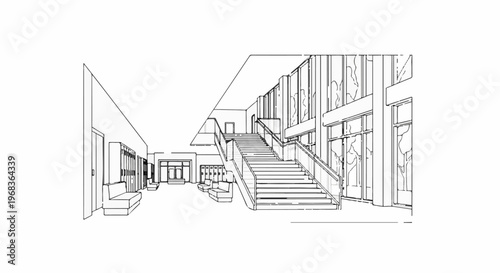 Modern architectural sketch of a spacious interior with a grand staircase