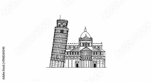 Line art sketch of the Leaning Tower and Cathedral of Pisa