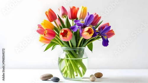 A beautiful arrangement of colorful tulips and irises in a clear glass vase, surrounded by decorative stones, perfect for spring decor or floral design inspiration.