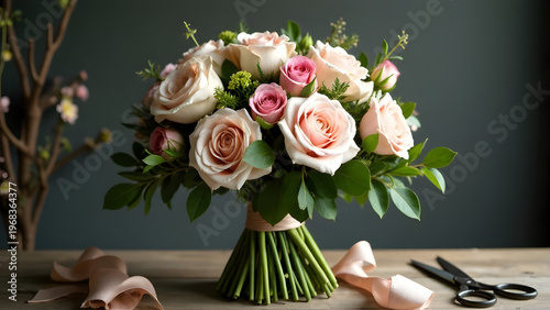A stunning bouquet featuring soft pink and cream roses, accented with fresh greenery, elegantly arranged on a wooden table. Perfect for weddings and special occasions.