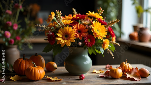 A vibrant autumn floral arrangement featuring sunflowers, gerbera daisies, and fall foliage in a rustic vase, complemented by decorative pumpkins. Perfect for seasonal decor.