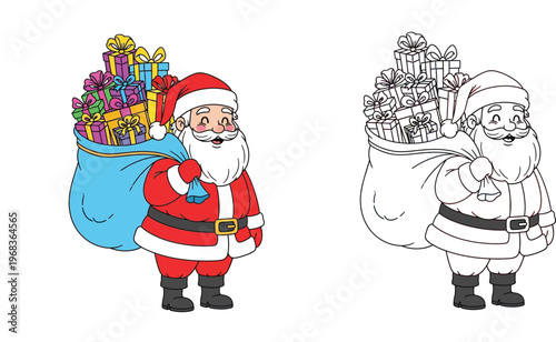 Jolly Santa Claus with Huge Sack of Colorful Presents Cartoon Vector Illustration Set and Line Art Coloring Book Page for Christmas Holidays and Festive Winter Celebration Activities