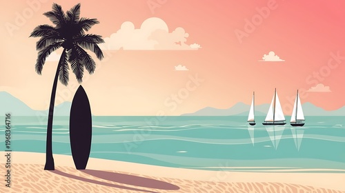 Serene tropical beach scene with sailboats at sunset