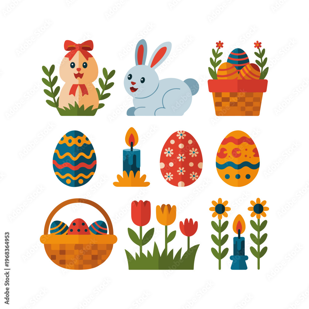 Obraz premium Flat Vector Icon Collection – Easter Eggs, Bunny, Basket, Candle, Spring Floral Symbols 