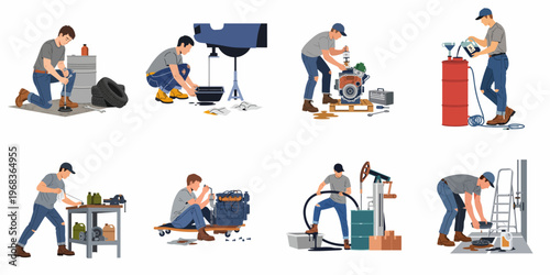 Comprehensive vector illustration set featuring mechanics performing car maintenance, engine repairs, oil changes, and handling industrial fluids in a workshop.