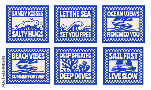 Set of Retro Summer Beach Vibes Flat Illustration for T-Shirt Print with Slogans, Vintage Tropical Apparel Sticker Design with Waves, Sailboat, Yacht, Coral, Coastal Travel Poster Badge Collection