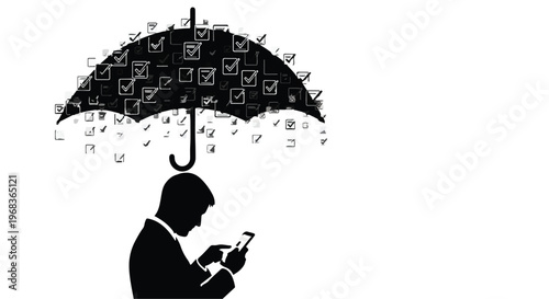 Businessman using smartphone under social media umbrella with raindrops, symbolizing online communication and technology, modern professional lifestyle