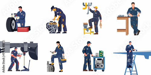 Set of diverse mechanics and technicians in blue overalls performing various repair and maintenance tasks on vehicles, engines, pipes, and aircraft.