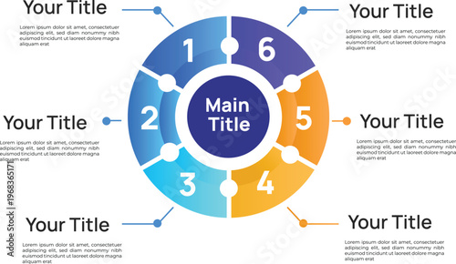 Six Step Circular Infographic Template with Central Hub, Business Process Diagram Design for Workflow, Strategy, Project Management and Data Visualization