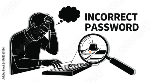 Frustrated man struggling with incorrect password on laptop computer, cybersecurity concept with magnifying glass, stressed businessman trying to login online
