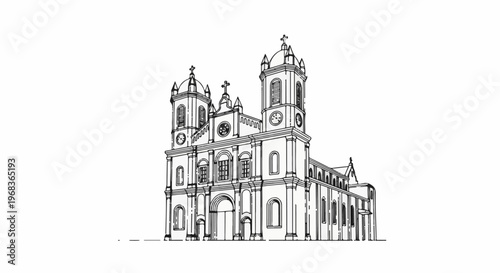 Ornate, historic church facade with twin towers and crosses