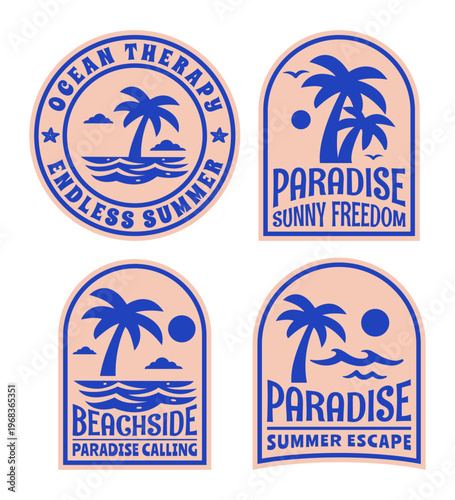 Retro Tropical Beach Badges Set, vintage Summer Beach View with Palm Trees, Clouds, and Sun Vector Illustration for Apparel, T-Shirt Prints, Posters, Stickers, Badges, Travel and Vacation Designs