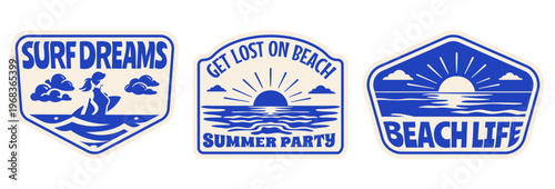 Retro Summer Beach Badges Vector Illustration with Phrases like “Surf Dreams”, Vintage Tropical Vacation Vibes Emblems for T-Shirt Print, Poster, Coastal Print, Logos, Stickers, Summer Clubs