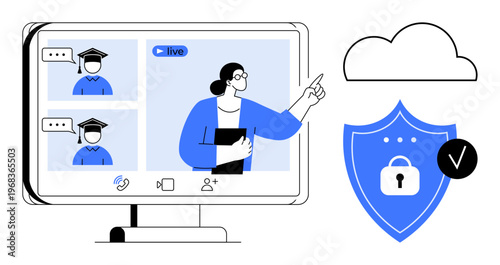 Online education concept. Online education virtual classrooms, cybersecurity, and cloud storage. Online education platform ensuring secure data and virtual learning. E-learning, technology, security