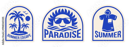 Vintage Summer Beach Badges Vector Illustration with Phrases like “Summer Escape”, Vintage Tropical Vacation Vibes Emblems for T-Shirt Print, Poster, Coastal Print, Logos, Stickers, Summer Clubs