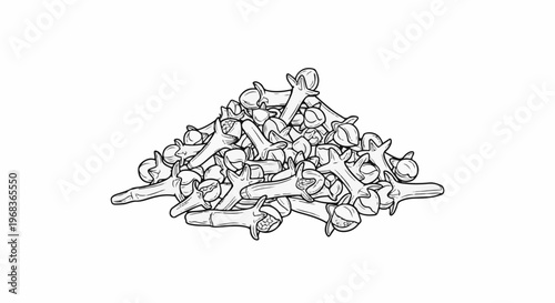 Pile of dried cloves, a spice with distinct shape and aroma