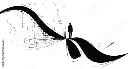 Businessman standing on edge of cliff with flowing abstract black lines and grid pattern background, symbolizing change, risk, and innovation in modern corporate lifestyle