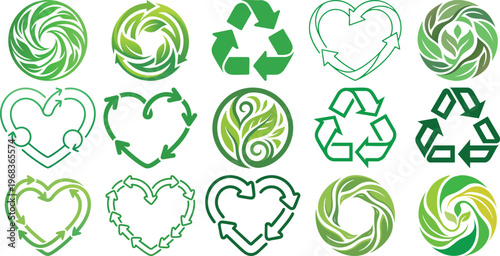 "Green Heart and Recycling Symbol Icon Set — Eco-Friendly Love, Environmental Sustainability and Nature Conservation Logo Collection Concept"