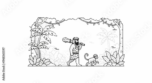 Primitive man with club and monkey walk through jungle foliage