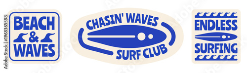 Retro Surf Vibes Vector Illustrations with Surfboards and Waves, Vintage Surf Club Logo Set for T-shirt Print, Posters, Coastal Designs 