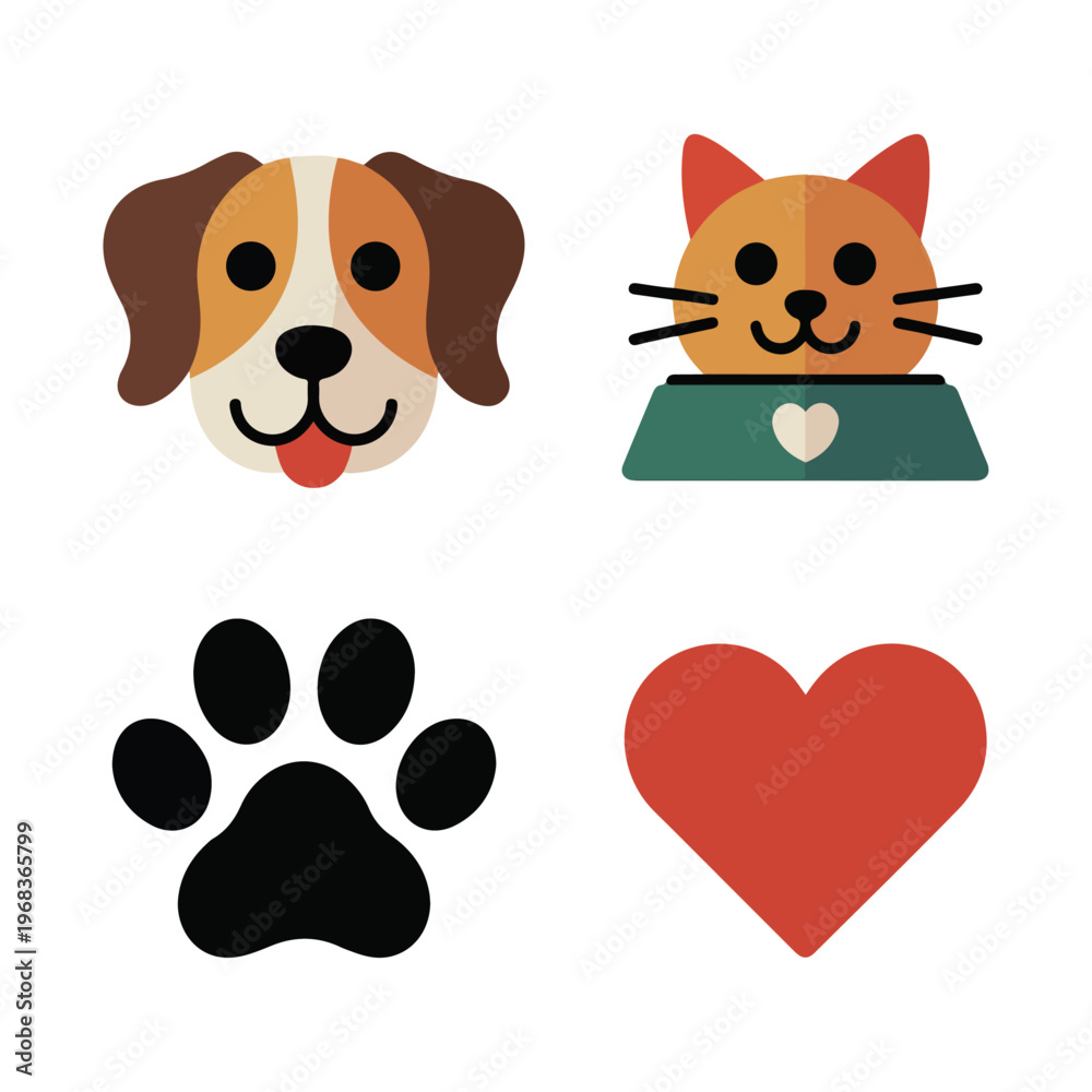 Obraz premium Flat Geometric Pet Icon Set: Dog, Cat, Paw Print, Bowl, and Heart Symbols 