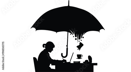 Businesswoman working on laptop under umbrella protecting from rain shower in office workspace, symbolizing productivity and protection