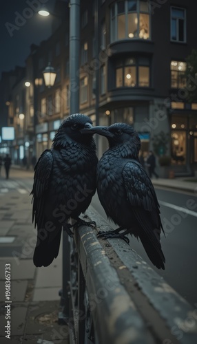 Two hooded crows rest on a metal railing at night. The urban scene features a road and a building with lit windows in the background. Muted colors and dim lighting create a quiet, moody feel.