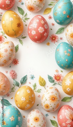 Pastel Easter eggs with delicate floral patterns and leaves arranged as a border on a white background