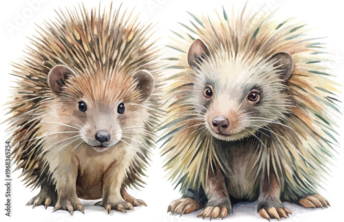 Watercolor Porcupine, Forest Wildlife Clipart, vector illustration isolated on white background