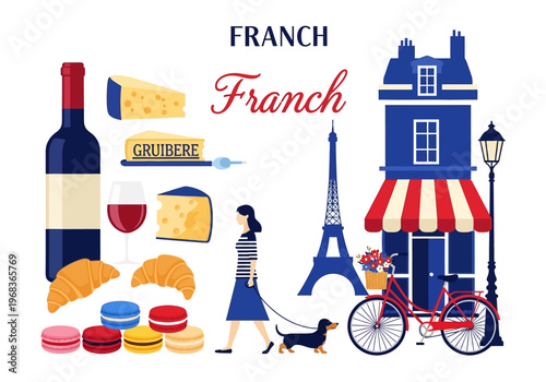 French Culture and Travel Illustration with Eiffel Tower, Wine, Food and Parisian Cafe Lifestyle Icons