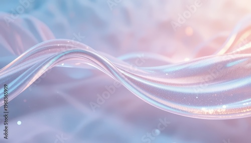 An abstract background with a flowing wave of iridescent fabric. Soft focus shallow depth of field create a dreamy gentle mood. Pastel pink blue colors glow with shimmering glitter particles