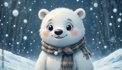 A cute illustration of a smiling polar bear with a blue scarf in a snowy mountain landscape. This cheerful character is perfect for winter holiday themes. Soft colors and a friendly, happy mood
