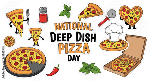 Illustration of National Deep Dish Pizza Day with various pizza slices, toppings, and utensils in a colorful graphic design.
