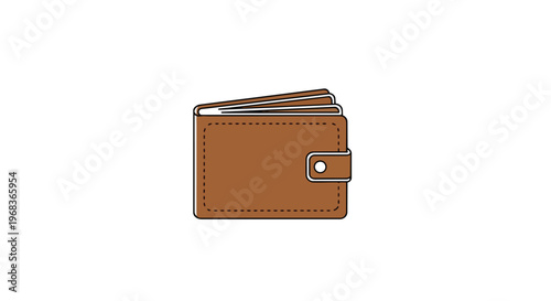 Minimalist vector illustration of a brown leather bi-fold wallet with a snap closure, isolated on a pure white background