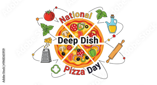 Vector illustration of a deep dish pizza surrounded by ingredients and utensils celebrating National Deep Dish Pizza Day with a festive design.