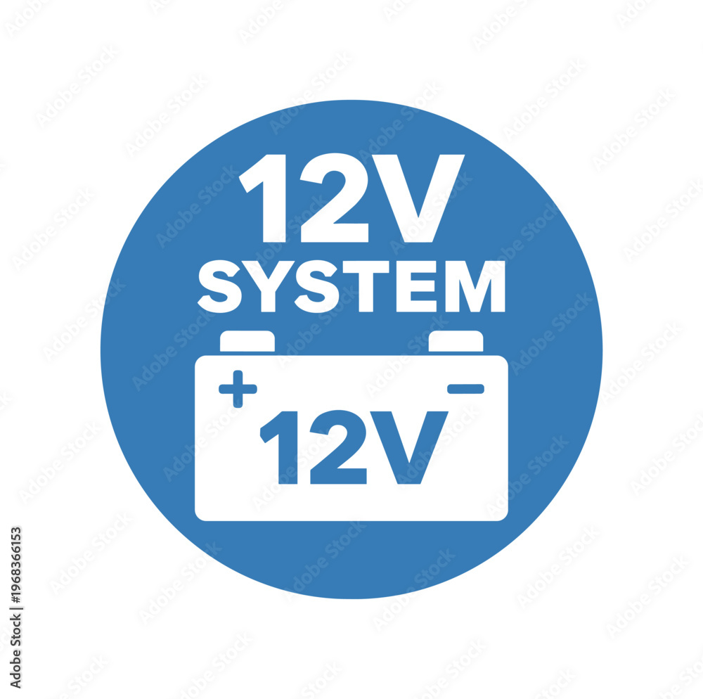 Fototapeta premium 12v system battery icon. 12v, car battery, electrical power, vehicle charging, automotive, voltage, terminals. flat vector illustration isolated on white background.