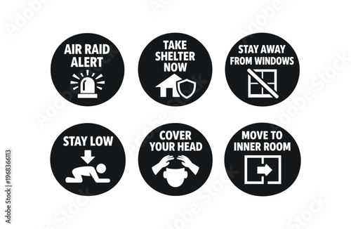 Air raid alert icon set. civil defense safety icons: take shelter, stay away from windows, stay low, cover your head, move to inner room, emergency instructions. line and flat vector icon set.