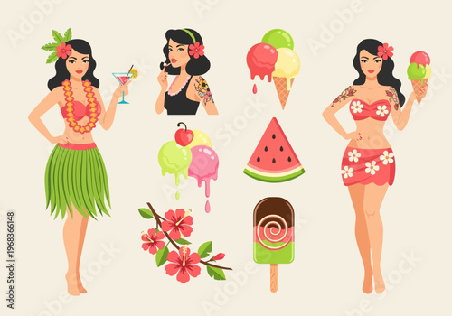Tropical Summer Beach Pin-Up Girl Illustration Set with Hawaiian Hula Dancers, Ice Cream, and Hibiscus