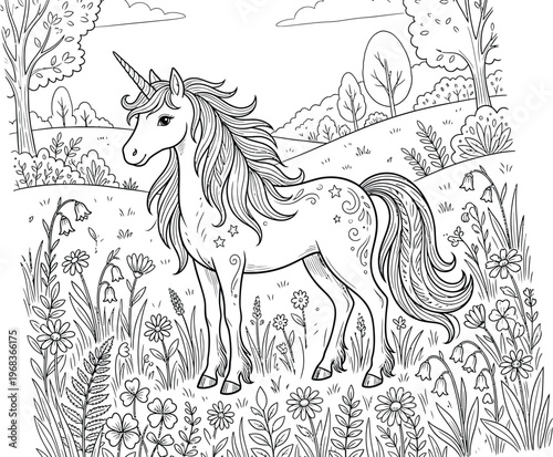 A unicorn standing in a field of flowers and trees