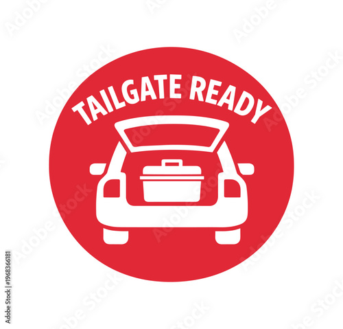 Car trunk with cooler and tailgate ready label. tailgate, picnic, cooler, rear cargo, open trunk, outdoor party. flat vector illustration isolated on white background.