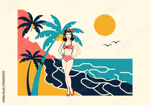 Vintage Retro Pin-up Girl in Polka Dot Bikini on Tropical Beach with Palm Trees and Sun