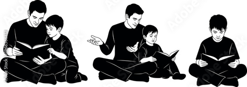 Father teaching young son how to read book step by step from guidance to independent learning black white vector illustration