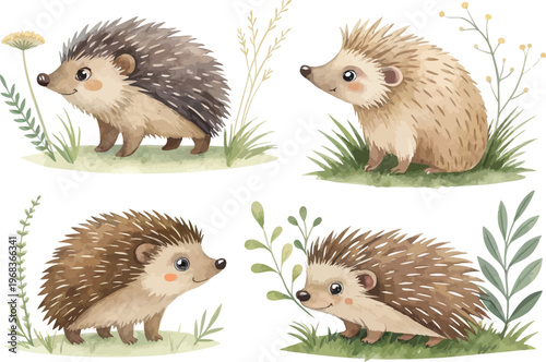 set of Watercolor Porcupine, Forest Wildlife Clipart, vector illustration isolated on white background