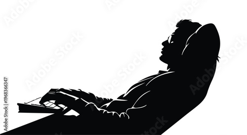 Silhouette of young adult person working on laptop computer in modern indoor setting with chair