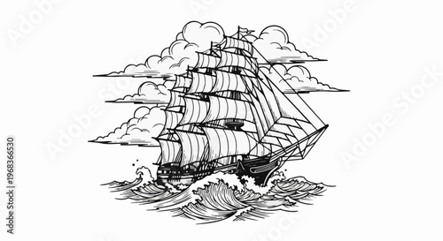 Detailed black and white sketch of a tall ship sailing through rough seas