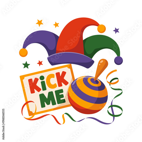 Whimsical Prank Vector Illustration – Whoopee Cushion, Jester Hat, Kick Me Sign, and Streamers in Cute Pastel 2D Art
