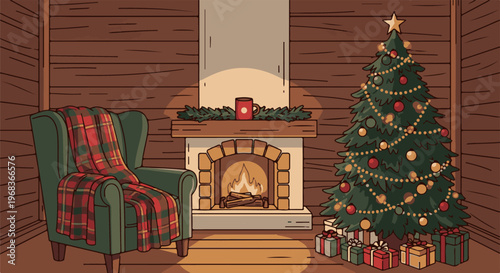 Cozy cabin interior with a fireplace, Christmas tree, and armchair