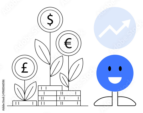 Finance, investment, global economy, currency growth, wealth management, business strategy. Stacked coins, plants with currency symbols chart and a smiling character. Finance and investment concept